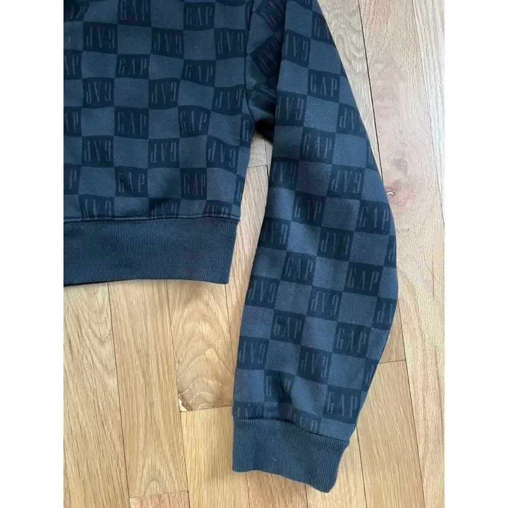 Gap Teen Black Checkerboard Logo Crop Zip Up Hooded Sweatshirt (size 14-16)